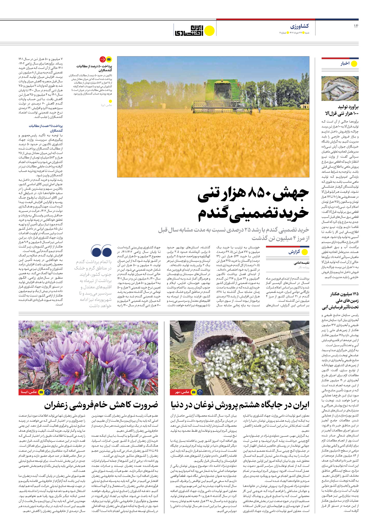 روزنامه ایران اقتصادی - شماره هفت - ۲۷ خرداد ۱۴۰۲ - صفحه ۱۴