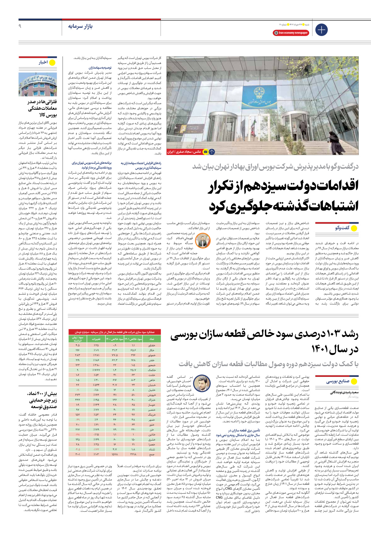 روزنامه ایران اقتصادی - شماره هفت - ۲۷ خرداد ۱۴۰۲ - صفحه ۹