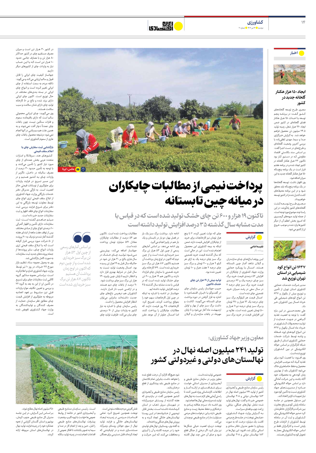 روزنامه ایران اقتصادی - شماره بیست - ۱۲ تیر ۱۴۰۲ - صفحه ۱۴