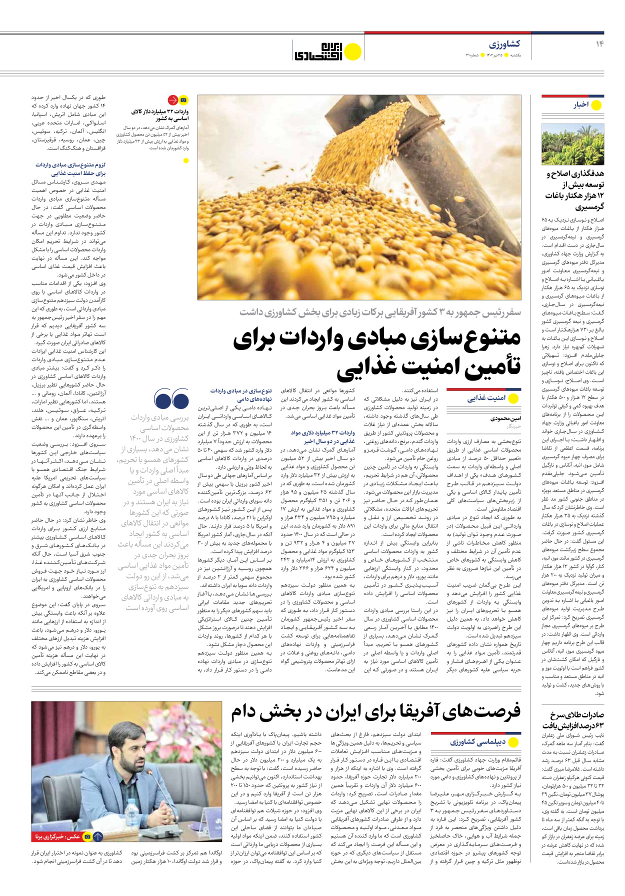 روزنامه ایران اقتصادی - شماره سی و یک - ۲۵ تیر ۱۴۰۲ - صفحه ۱۴