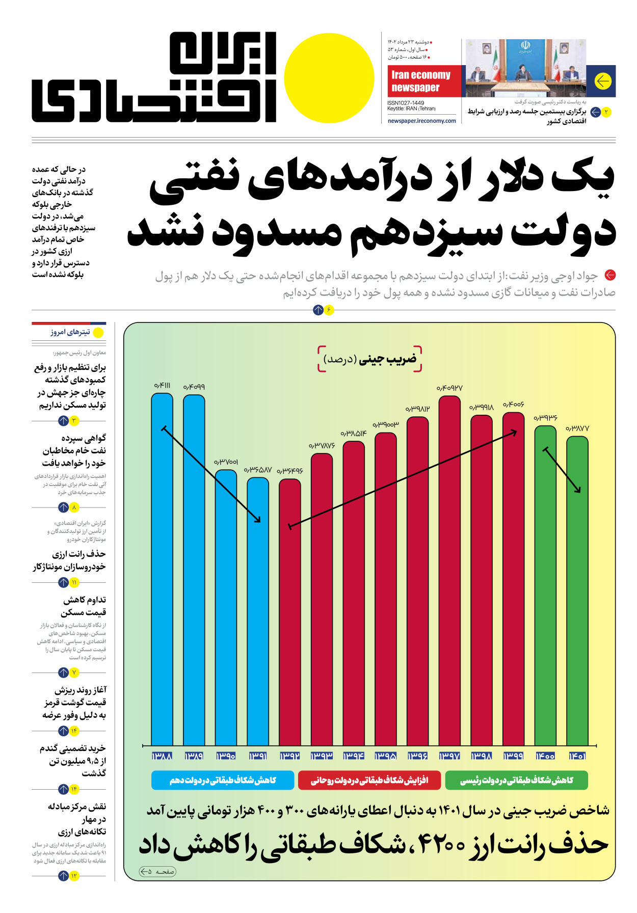 روزنامه ایران اقتصادی - شماره پنجاه و سه - ۲۳ مرداد ۱۴۰۲ - صفحه ۱