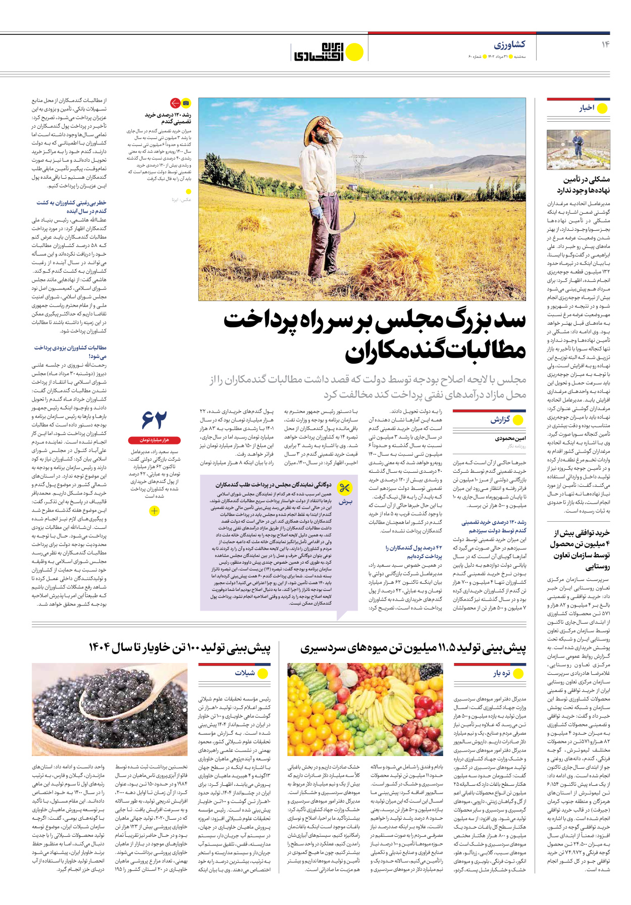 روزنامه ایران اقتصادی - شماره شصت - ۳۱ مرداد ۱۴۰۲ - صفحه ۱۴