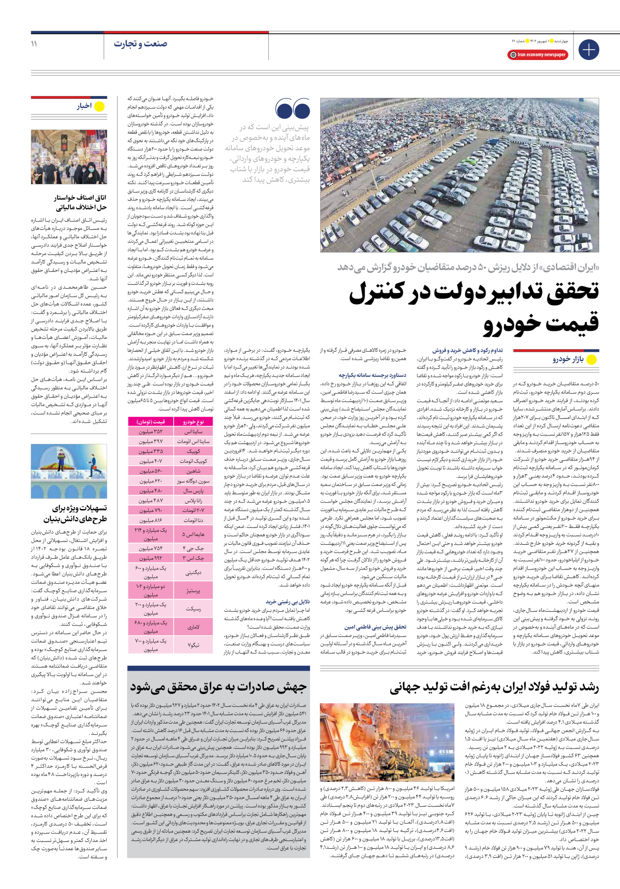 روزنامه ایران اقتصادی - شماره شصت و یک - ۰۱ شهریور ۱۴۰۲ - صفحه ۱۱
