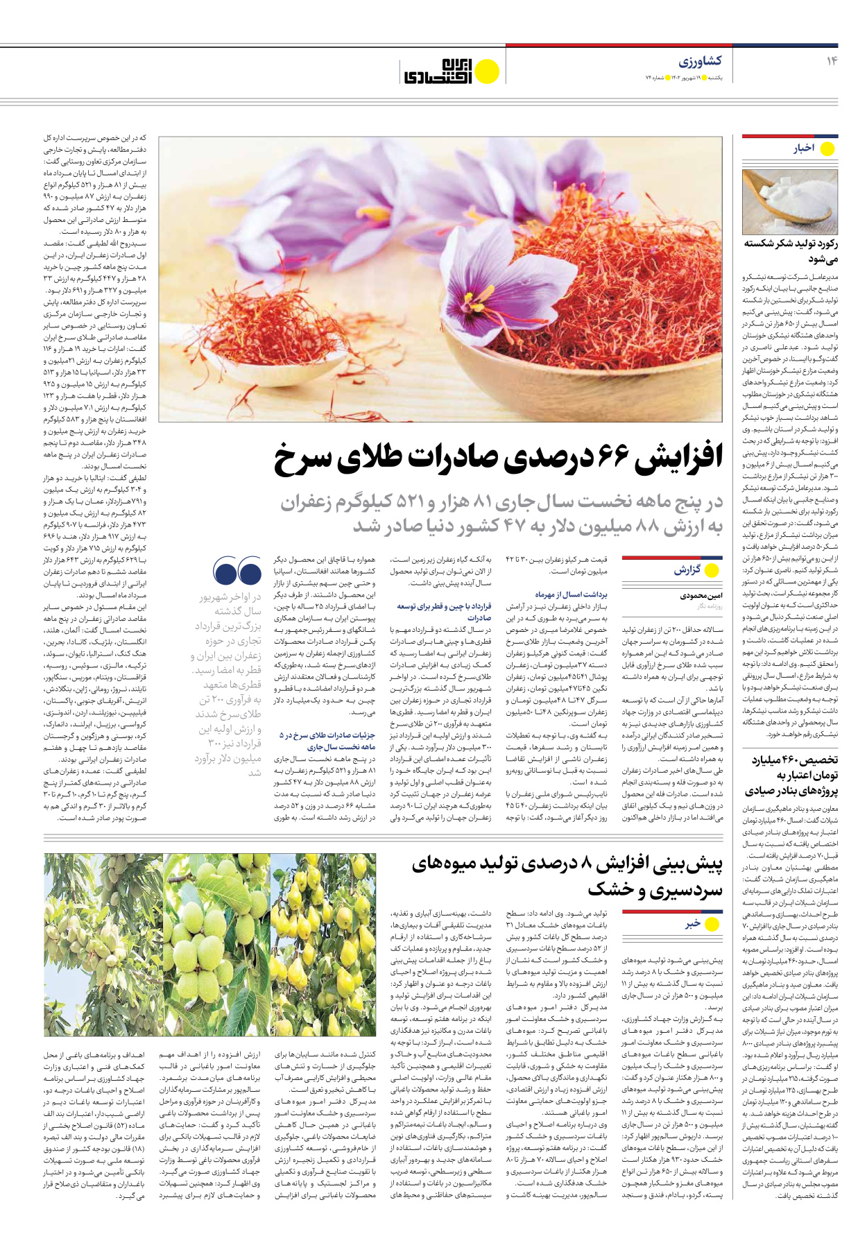 روزنامه ایران اقتصادی - شماره هفتاد و چهار - ۱۹ شهریور ۱۴۰۲ - صفحه ۱۴