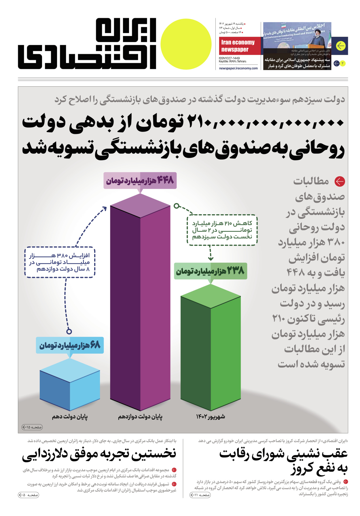 روزنامه ایران اقتصادی - شماره هفتاد و چهار - ۱۹ شهریور ۱۴۰۲