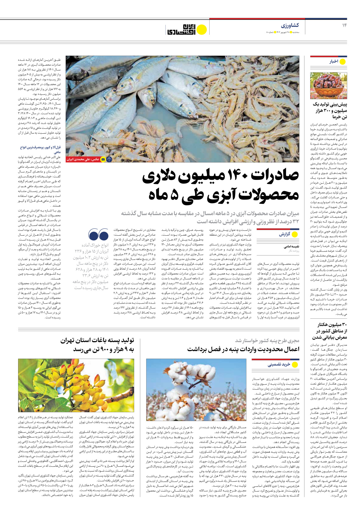 روزنامه ایران اقتصادی - شماره هشتاد - ۲۸ شهریور ۱۴۰۲ - صفحه ۱۴