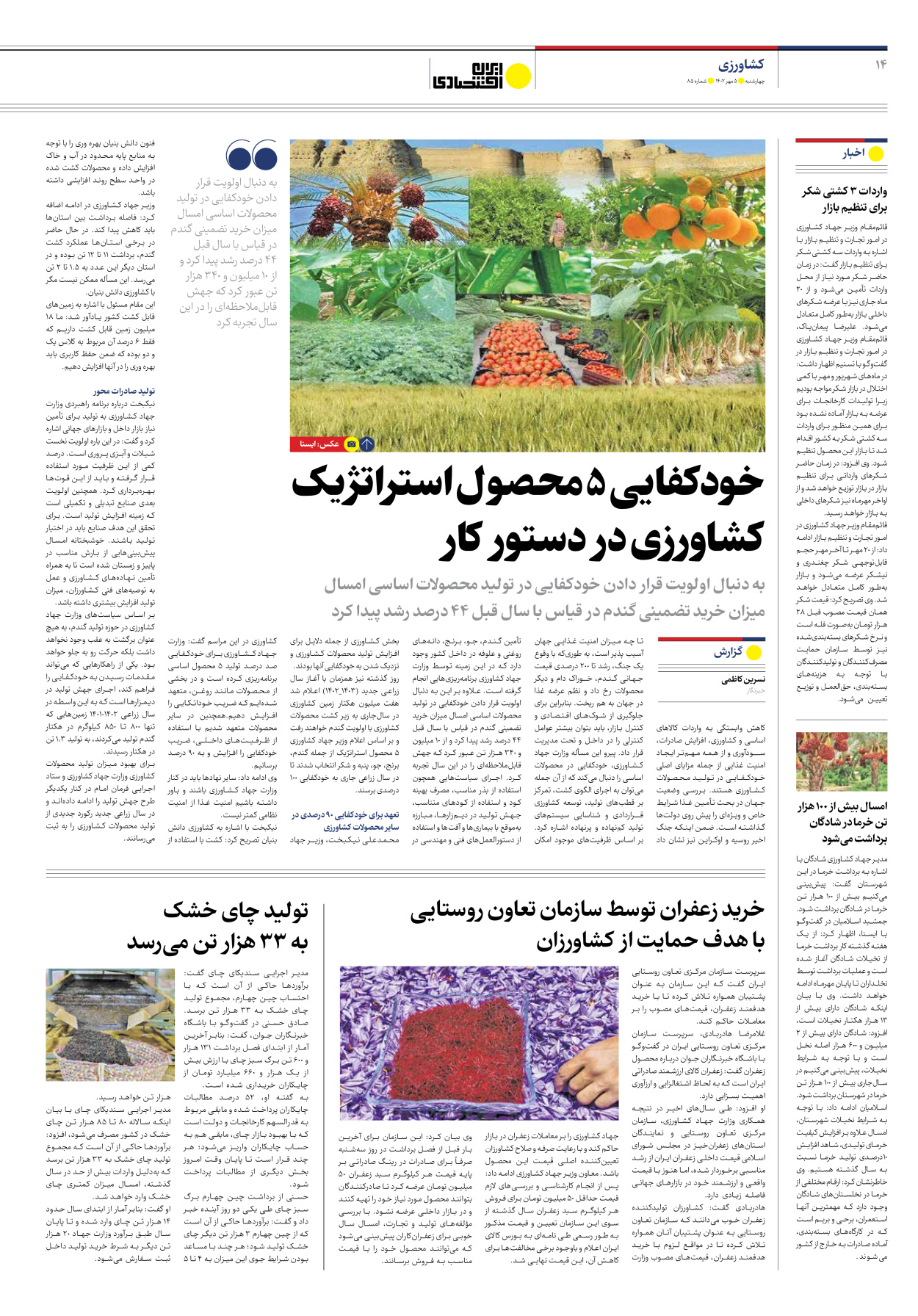 روزنامه ایران اقتصادی - شماره هشتاد و پنج - ۰۵ مهر ۱۴۰۲ - صفحه ۱۴
