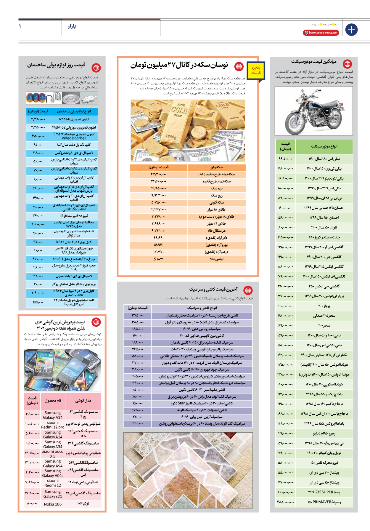 روزنامه ایران اقتصادی - شماره نود و دو - ۱۵ مهر ۱۴۰۲ - صفحه ۹