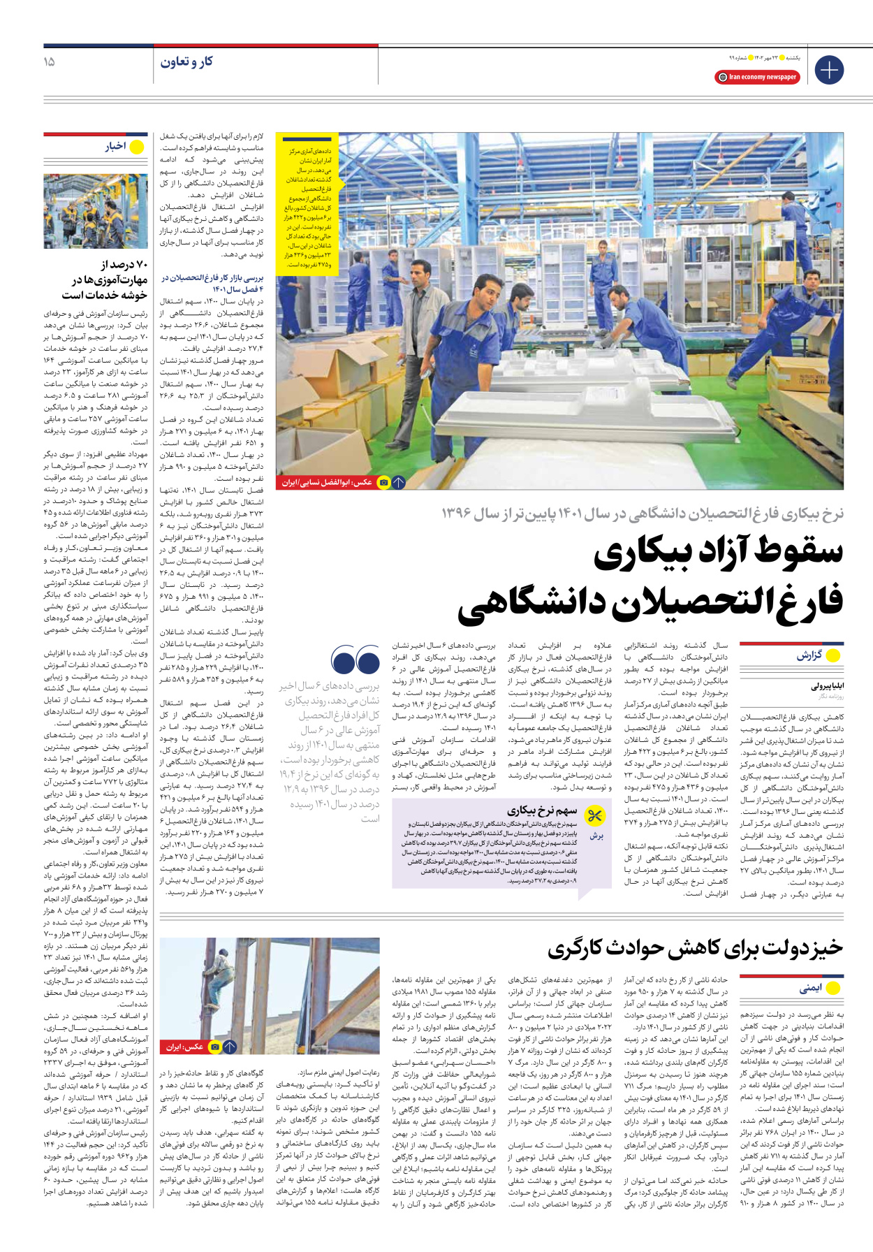 روزنامه ایران اقتصادی - شماره نود و نه - ۲۳ مهر ۱۴۰۲ - صفحه ۱۵