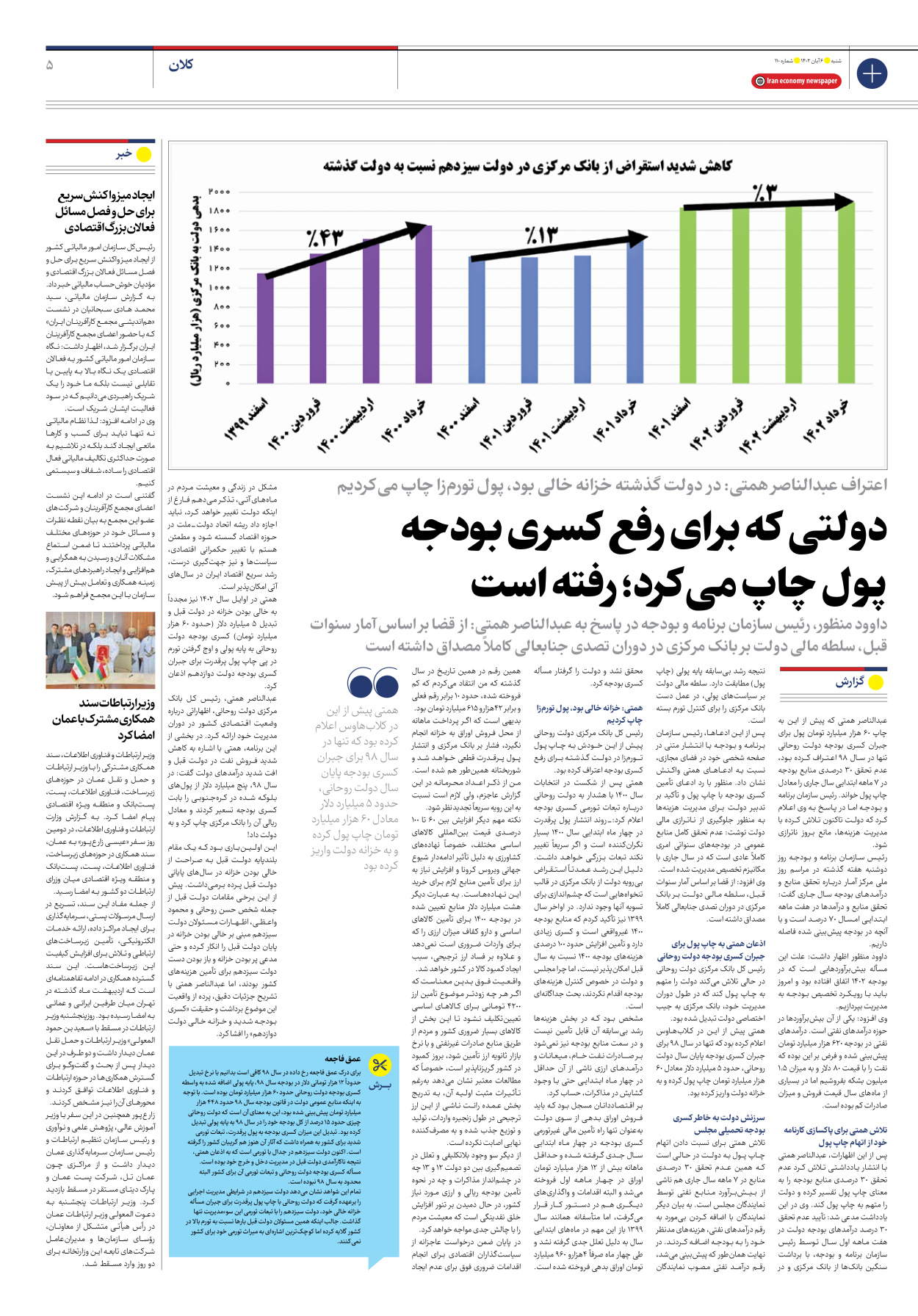 روزنامه ایران اقتصادی - شماره صد و ده - ۰۶ آبان ۱۴۰۲ - صفحه ۵