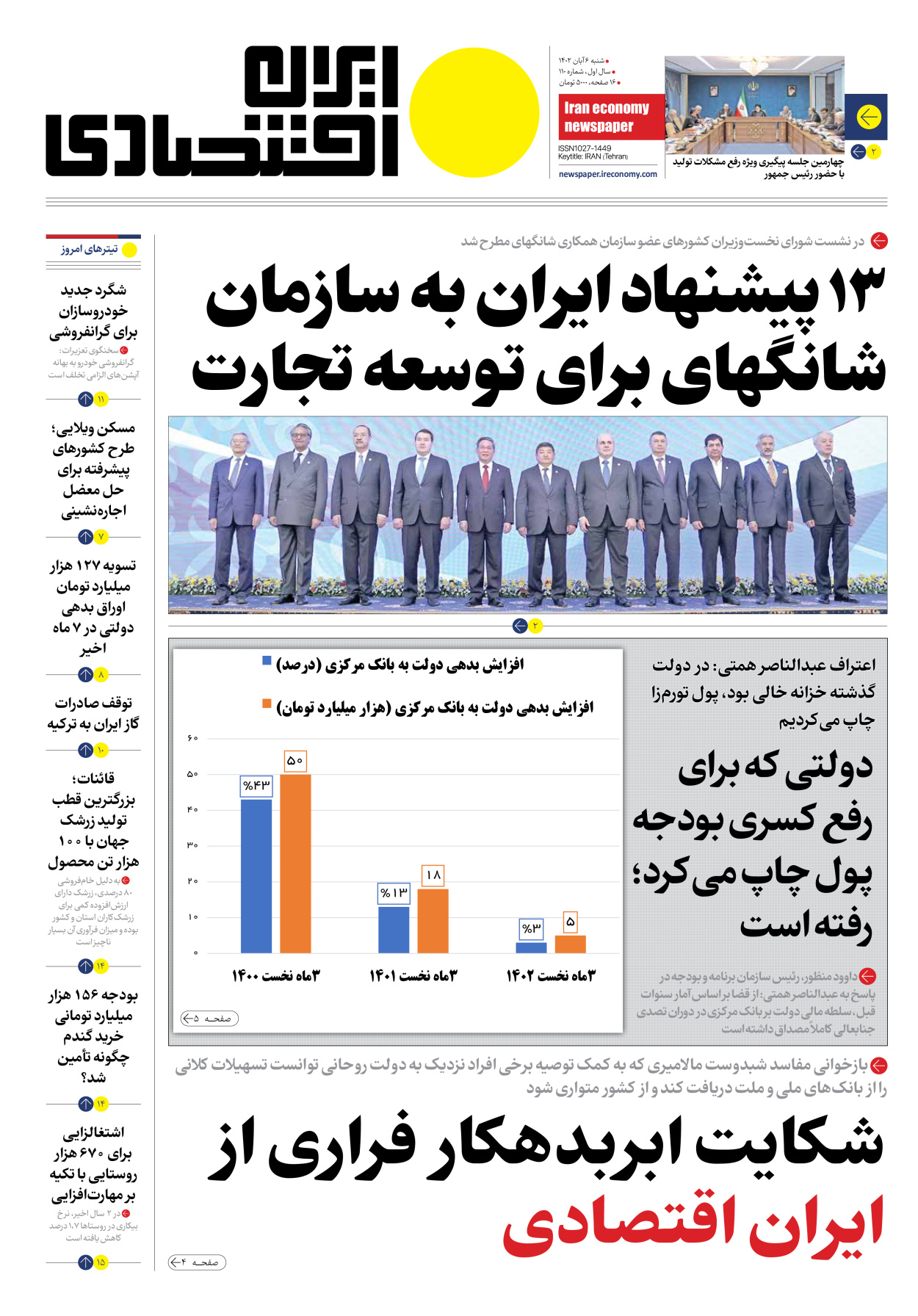 روزنامه ایران اقتصادی - شماره صد و ده - ۰۶ آبان ۱۴۰۲ - صفحه ۱