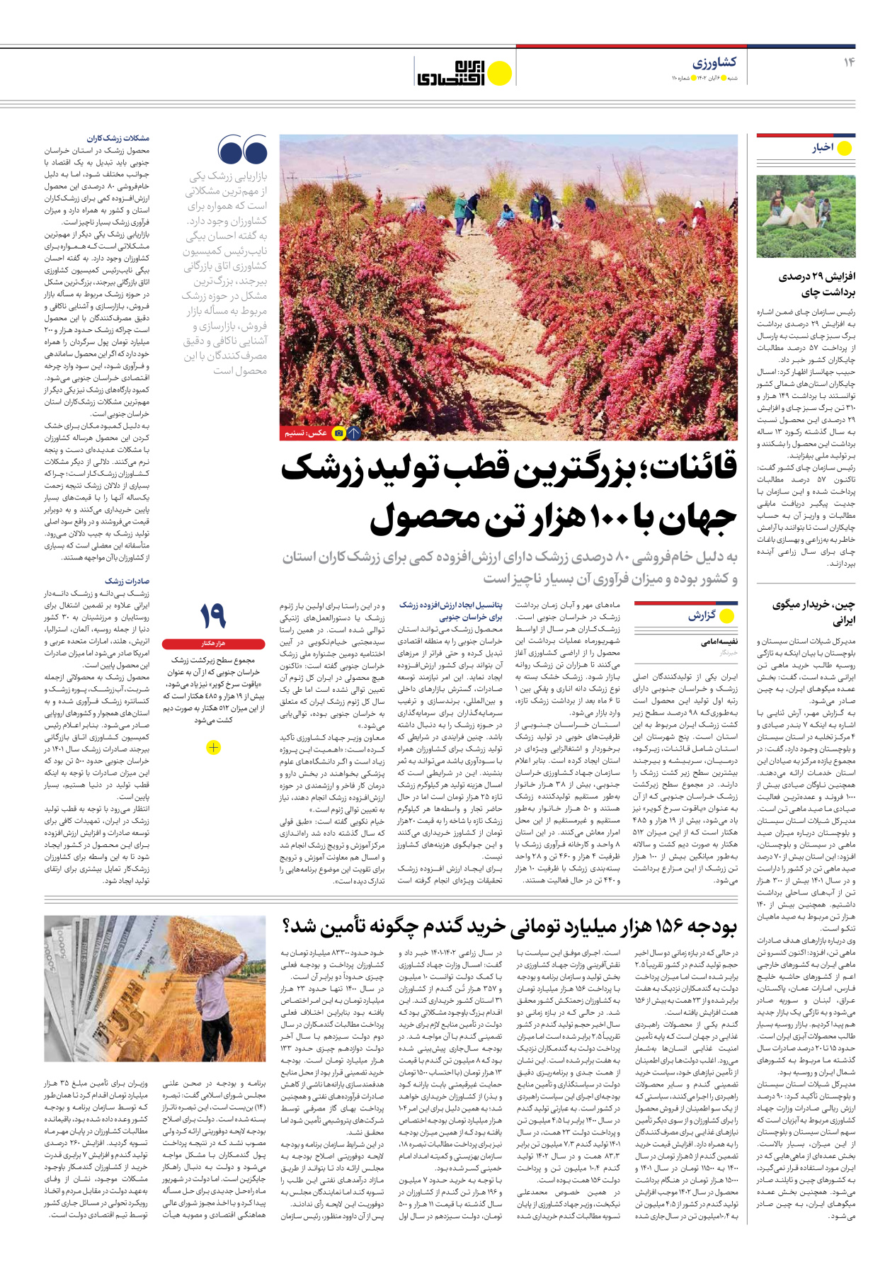 روزنامه ایران اقتصادی - شماره صد و ده - ۰۶ آبان ۱۴۰۲ - صفحه ۱۴