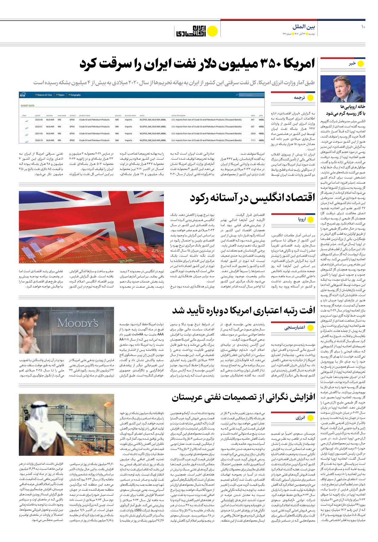 روزنامه ایران اقتصادی - شماره صد و بیست و چهار - ۲۲ آبان ۱۴۰۲ - صفحه ۱۰