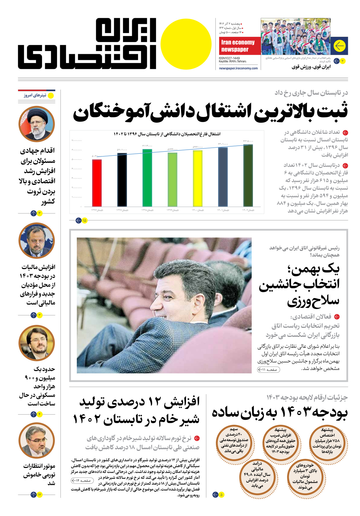 روزنامه ایران اقتصادی - شماره صد و سی و سه - ۰۲ آذر ۱۴۰۲ - صفحه ۱