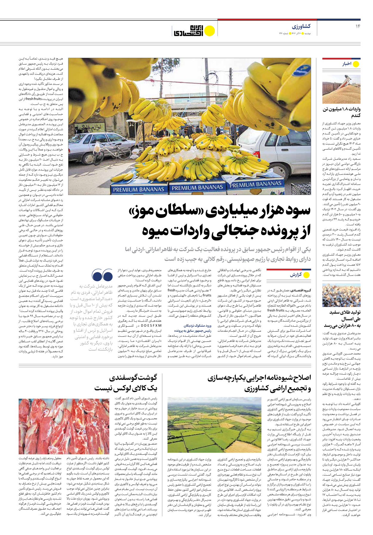 روزنامه ایران اقتصادی - شماره صد و سی و شش - ۰۶ آذر ۱۴۰۲ - صفحه ۱۴