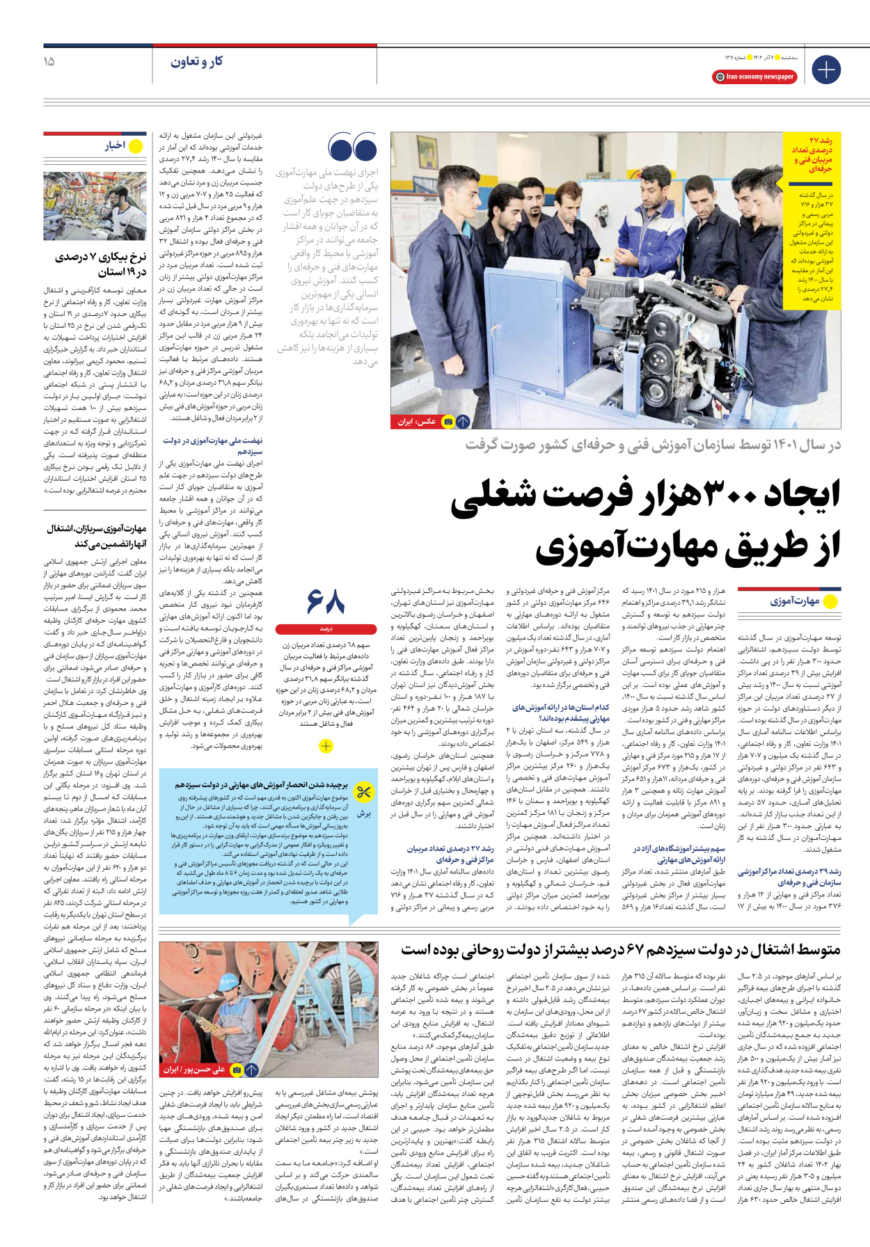 روزنامه ایران اقتصادی - شماره صد و سی و هفت - ۰۷ آذر ۱۴۰۲ - صفحه ۱۵