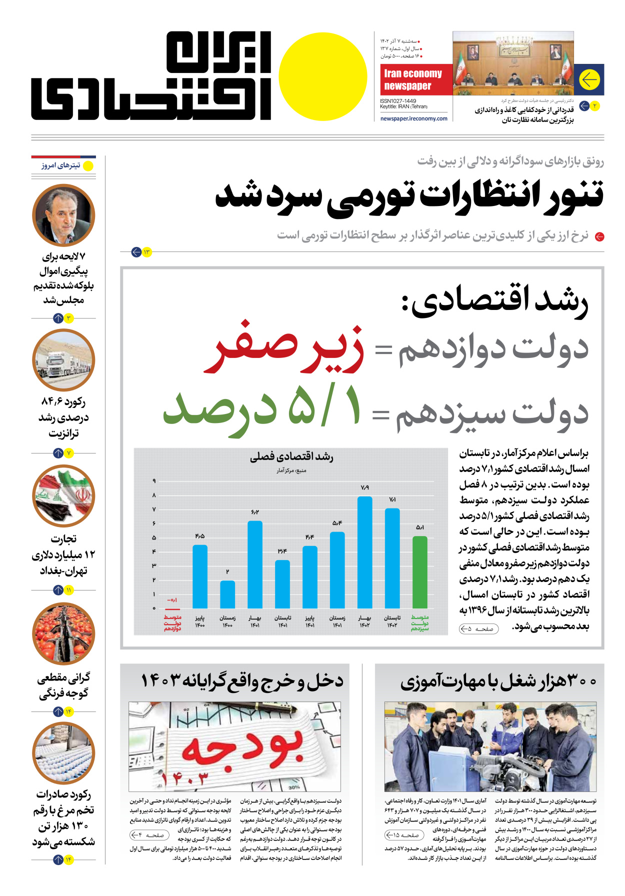 روزنامه ایران اقتصادی - شماره صد و سی و هفت - ۰۷ آذر ۱۴۰۲ - صفحه ۱