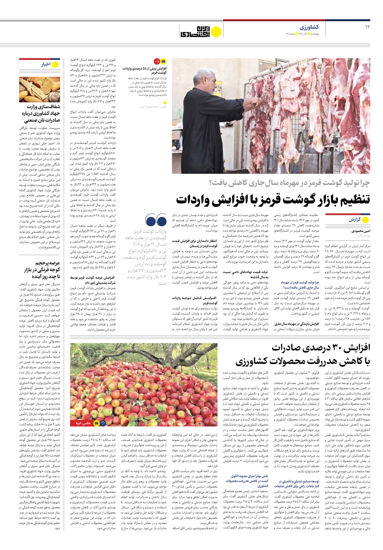 روزنامه ایران اقتصادی - شماره صد و سی و هشت - ۰۸ آذر ۱۴۰۲ - صفحه ۱۴
