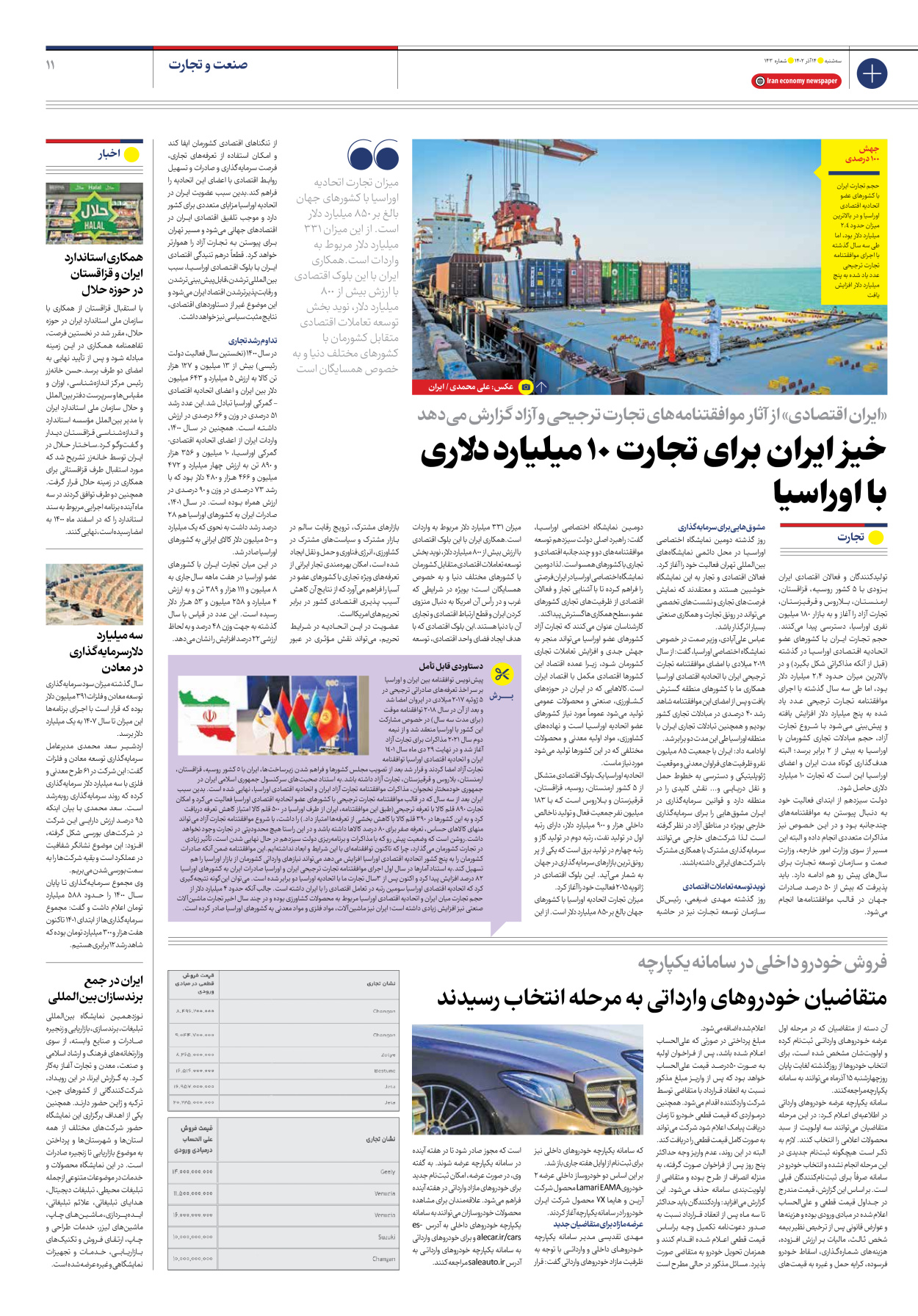 روزنامه ایران اقتصادی - شماره صد و چهل و سه - ۱۴ آذر ۱۴۰۲ - صفحه ۱۱