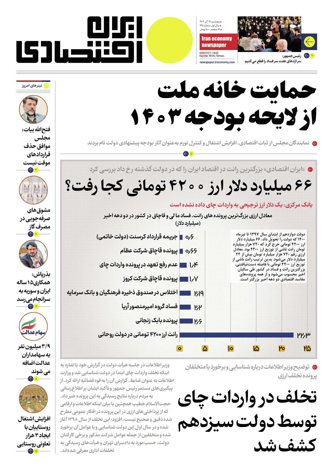 روزنامه ایران اقتصادی - شماره صد و چهل و پنج - ۱۶ آذر ۱۴۰۲ - صفحه ۱
