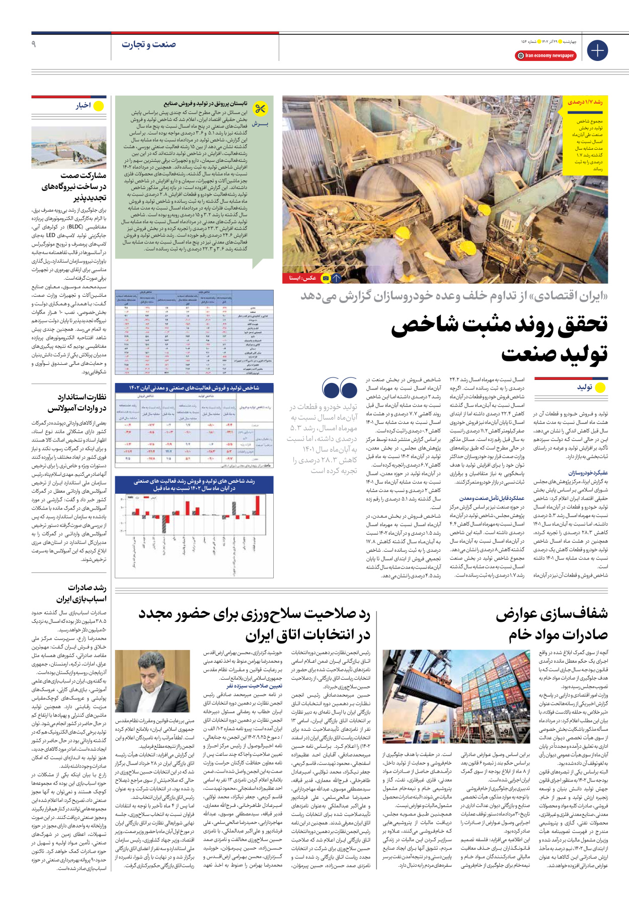 روزنامه ایران اقتصادی - شماره صد و پنجاه و چهار - ۲۹ آذر ۱۴۰۲ - صفحه ۹