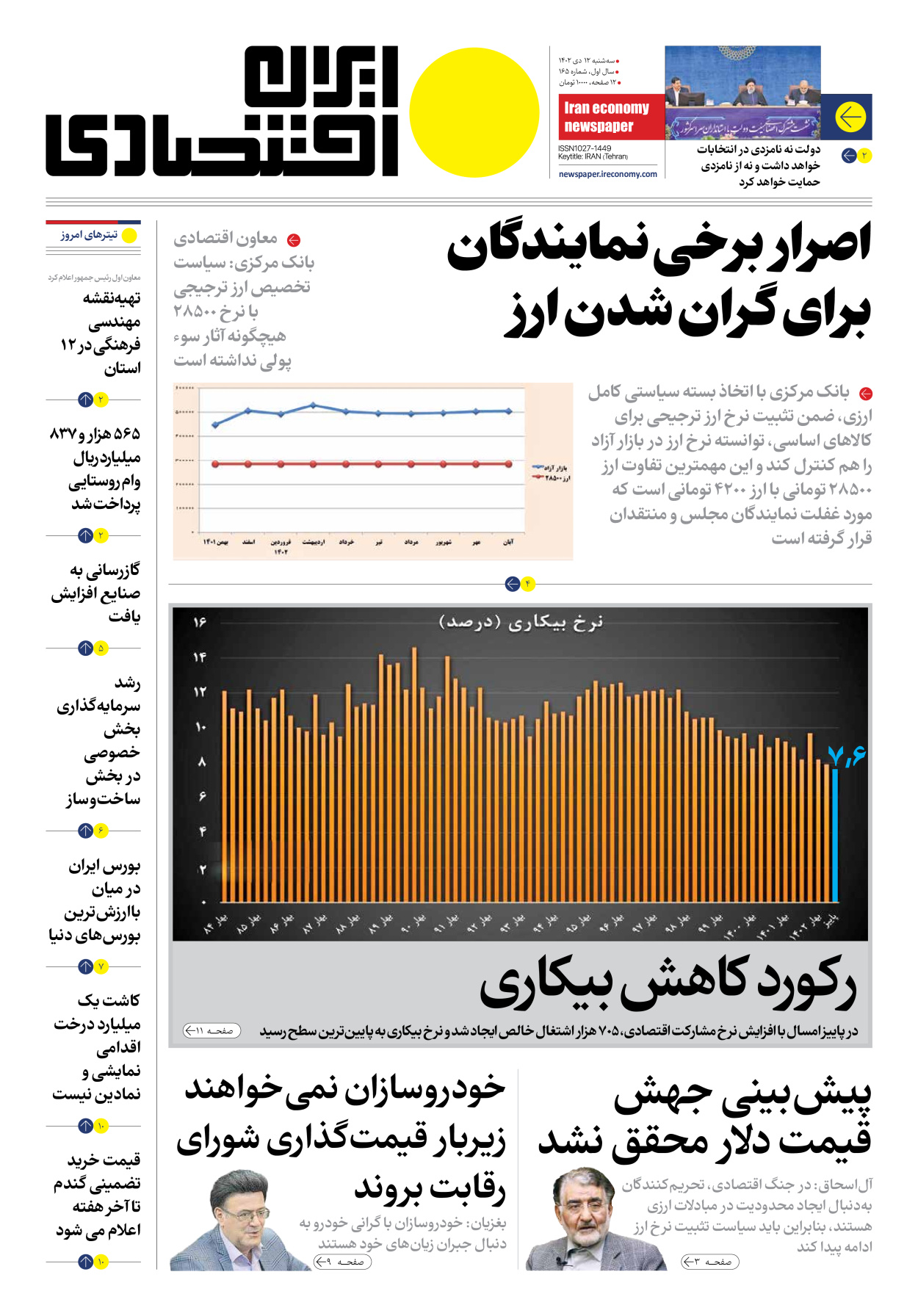 روزنامه ایران اقتصادی - شماره صد و شصت و پنج - ۱۲ دی ۱۴۰۲ - صفحه ۱