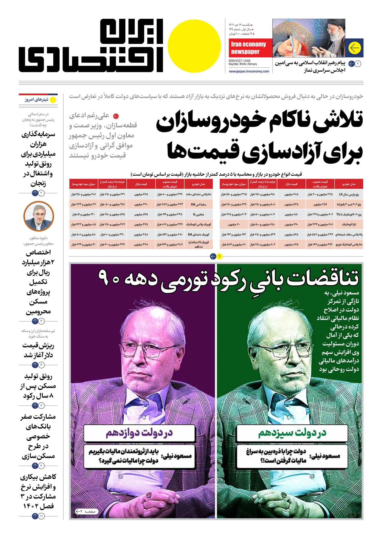 روزنامه ایران اقتصادی - شماره صد و شصت و نه - ۱۷ دی ۱۴۰۲ - صفحه ۱