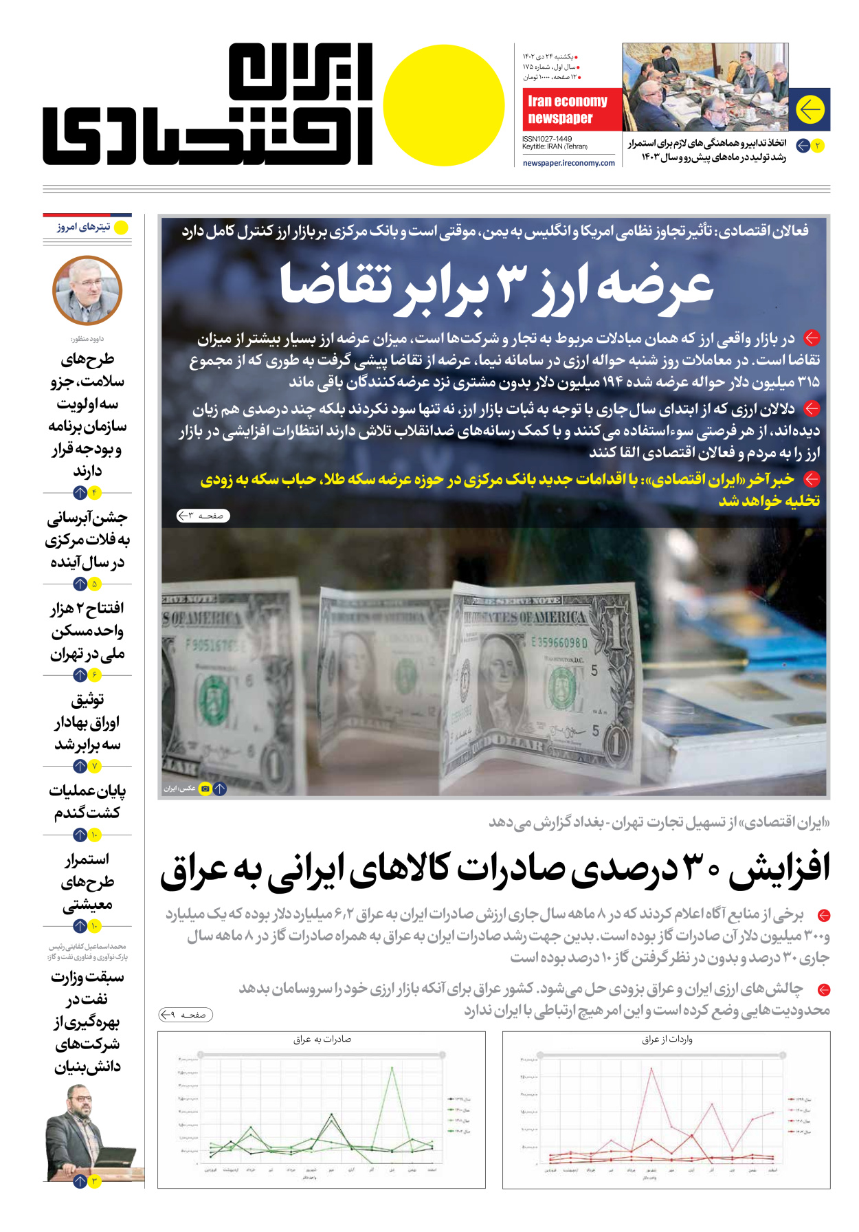 روزنامه ایران اقتصادی - شماره صد و هفتاد و پنج - ۲۴ دی ۱۴۰۲ - صفحه ۱