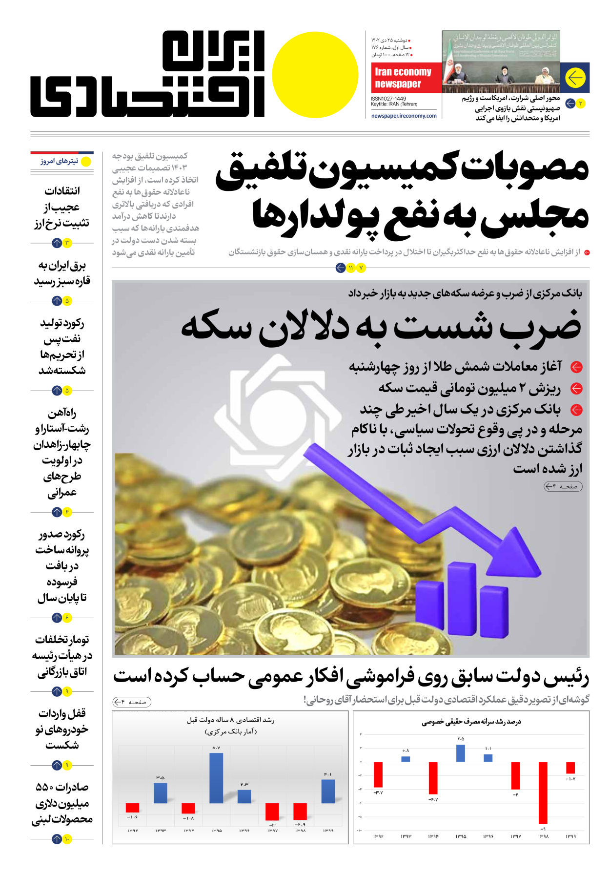 روزنامه ایران اقتصادی - شماره صد و هفتاد و شش - ۲۵ دی ۱۴۰۲ - صفحه ۱