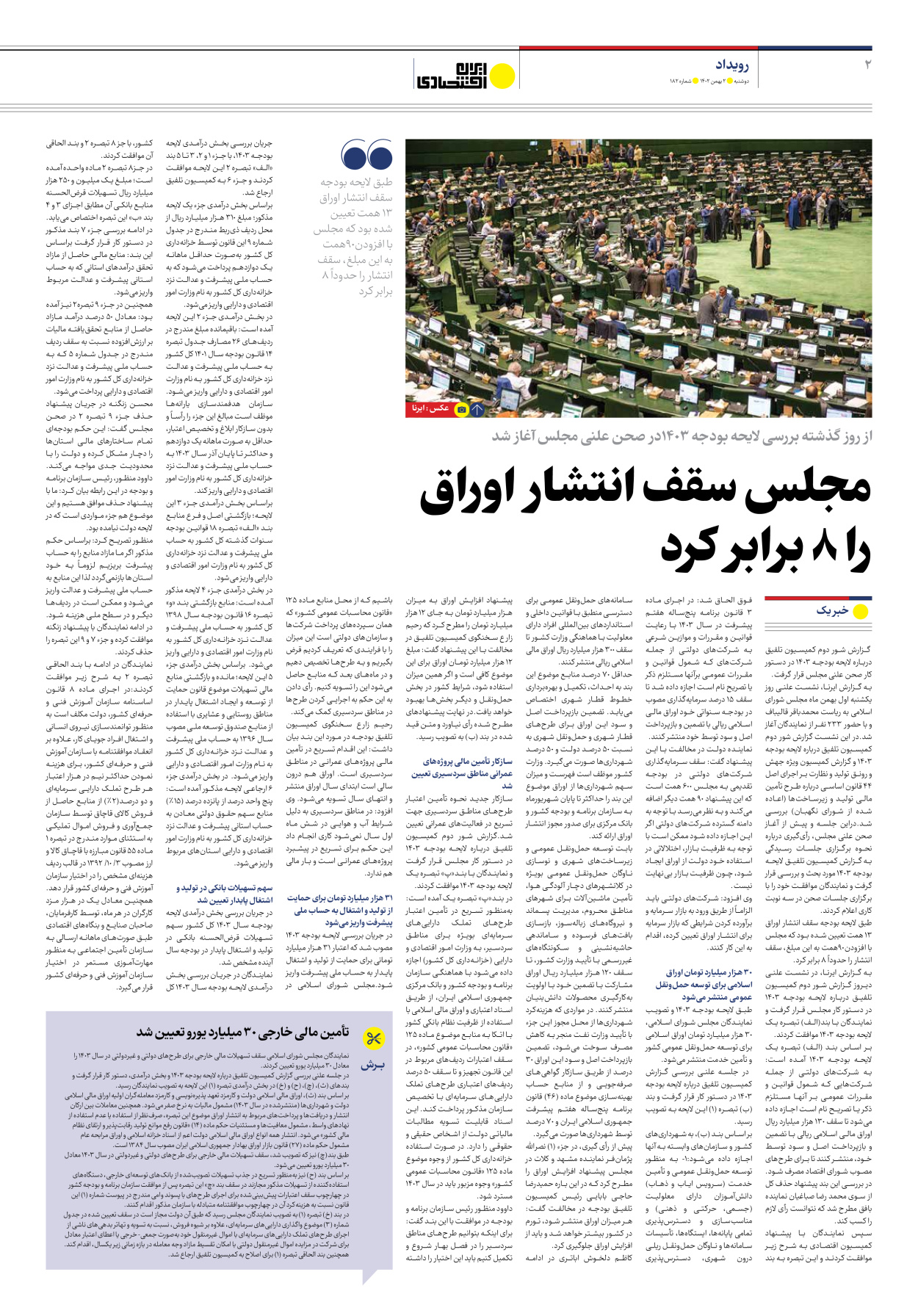 روزنامه ایران اقتصادی - شماره صد و هشتاد و دو - ۰۲ بهمن ۱۴۰۲ - صفحه ۲