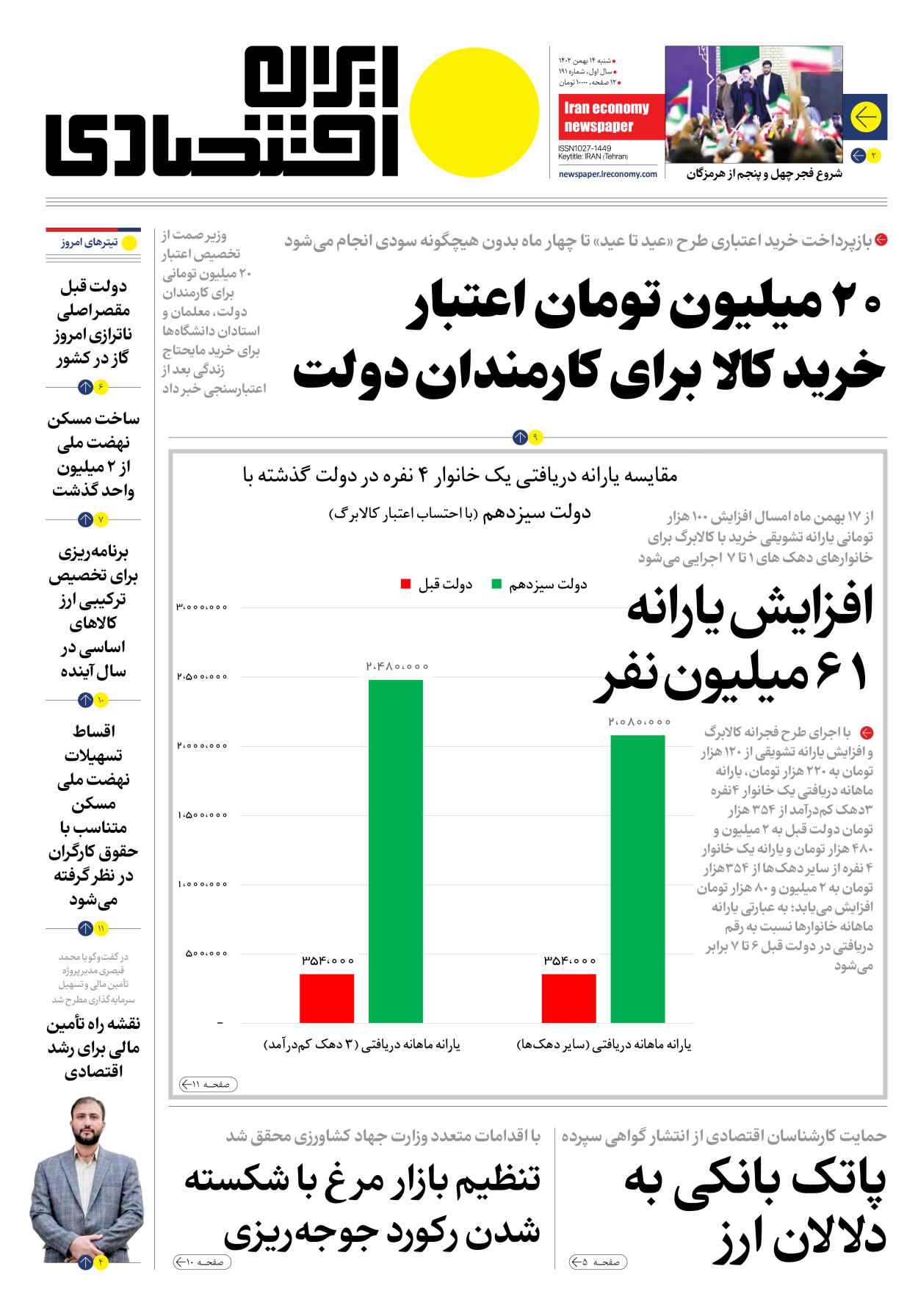 روزنامه ایران اقتصادی - شماره صد و نود و یک - ۱۴ بهمن ۱۴۰۲ - صفحه ۱