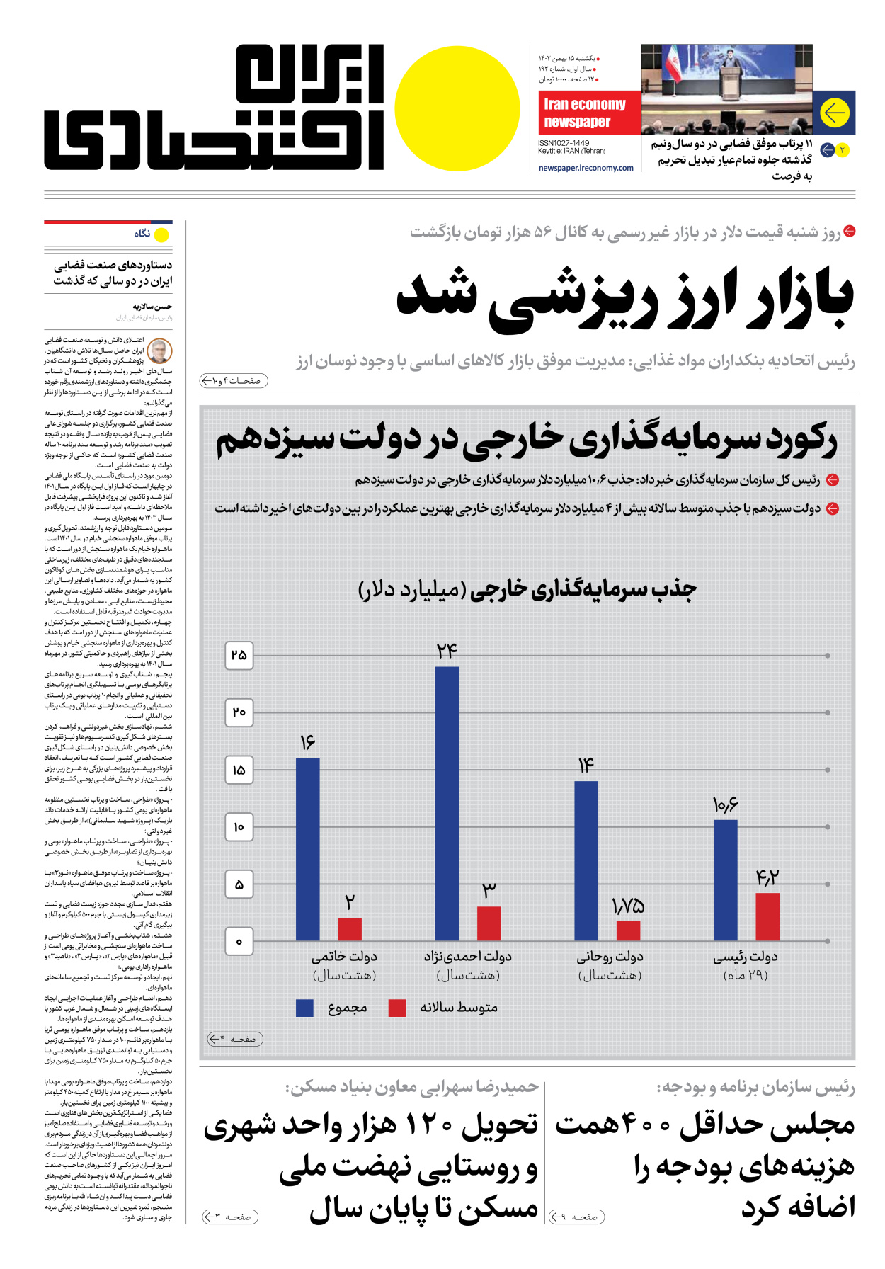 روزنامه ایران اقتصادی - شماره صد و نود و دو - ۱۵ بهمن ۱۴۰۲ - صفحه ۱