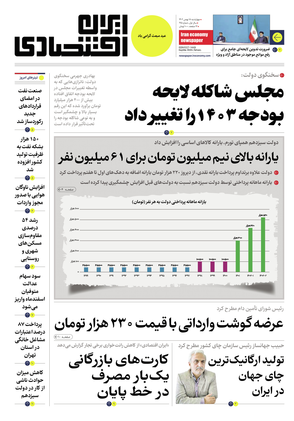 روزنامه ایران اقتصادی - شماره صد و نود و پنج - ۱۸ بهمن ۱۴۰۲ - صفحه ۱