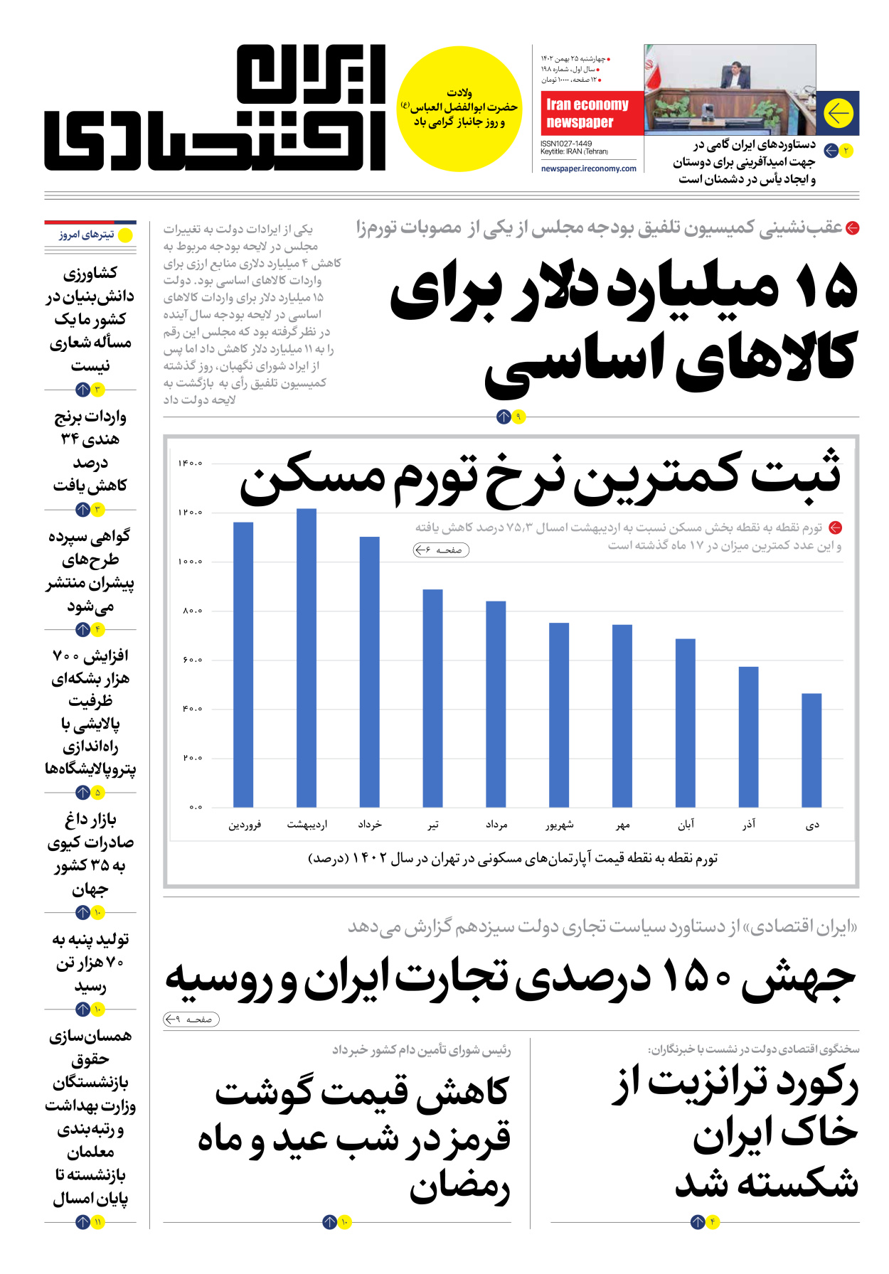 روزنامه ایران اقتصادی - شماره صد و نود و هشت - ۲۵ بهمن ۱۴۰۲ - صفحه ۱
