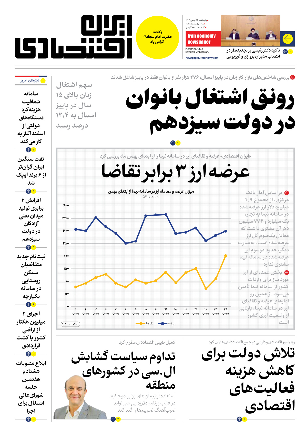 روزنامه ایران اقتصادی - شماره صد و نود و نه - ۲۶ بهمن ۱۴۰۲ - صفحه ۱