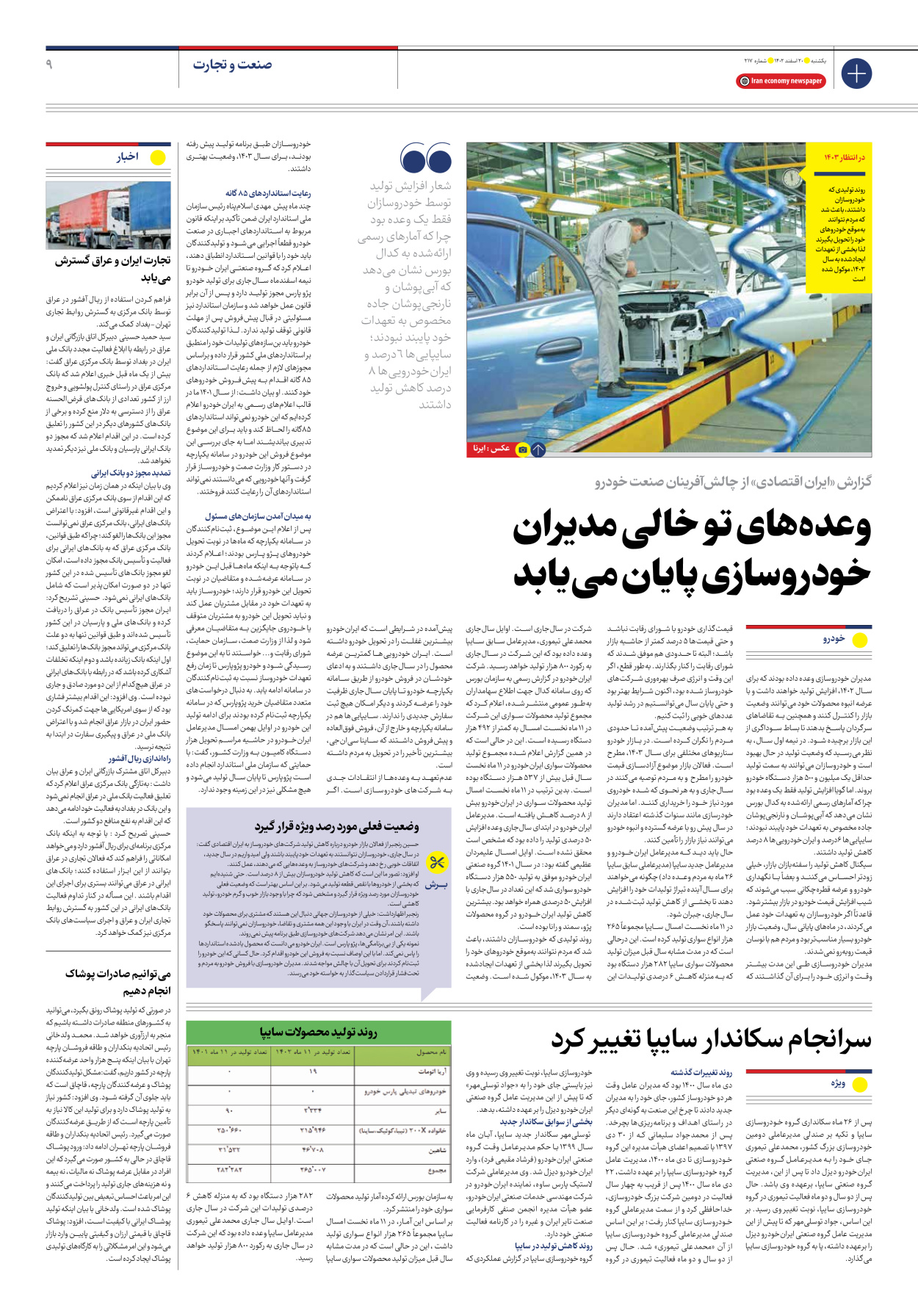روزنامه ایران اقتصادی - شماره دویست و هفده - ۲۰ اسفند ۱۴۰۲ - صفحه ۹