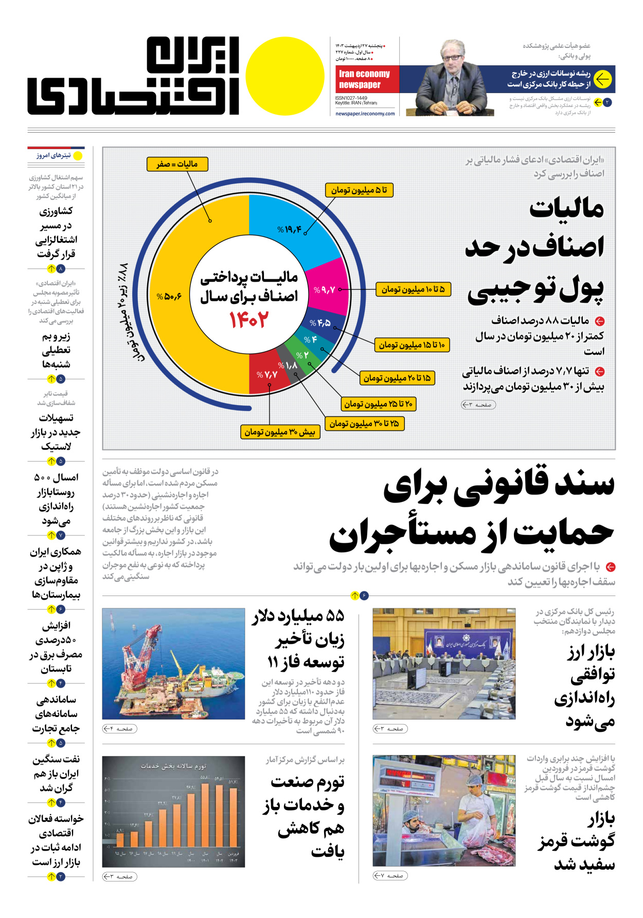 روزنامه ایران اقتصادی - شماره دویست و بیست و هفت - ۲۷ اردیبهشت ۱۴۰۳ - صفحه ۱