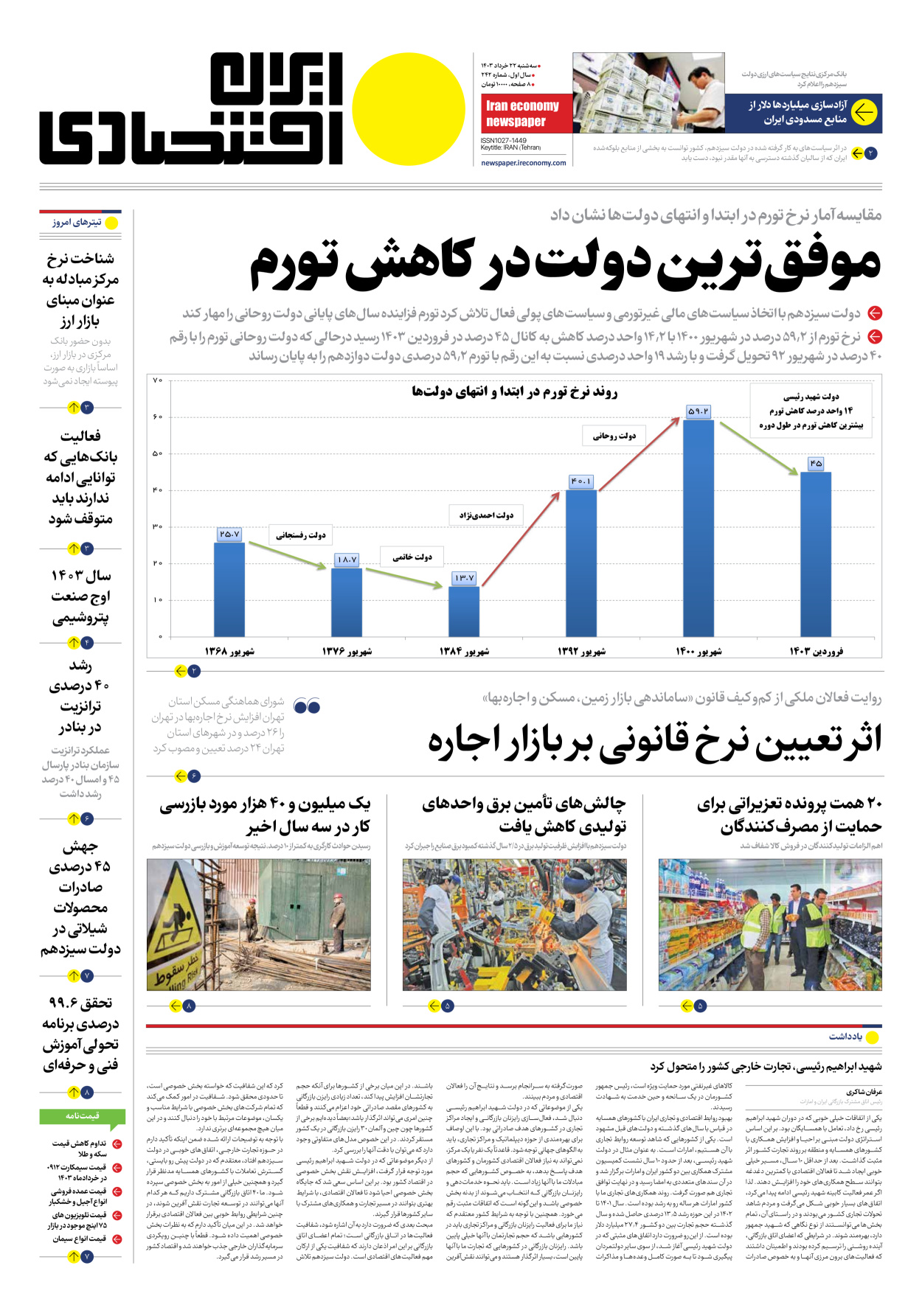 روزنامه ایران اقتصادی - شماره دویست و چهل و دو - ۲۲ خرداد ۱۴۰۳ - صفحه ۱