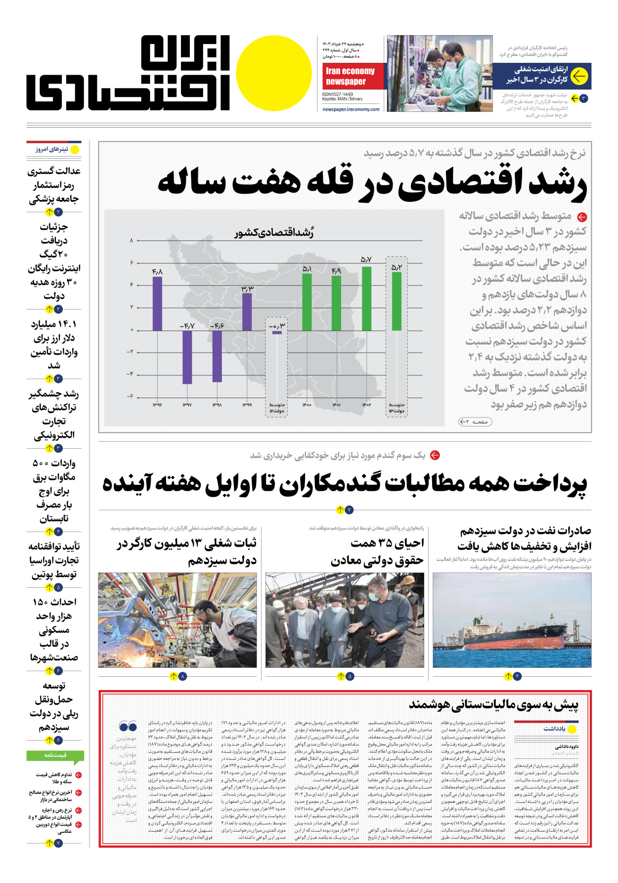 روزنامه ایران اقتصادی - شماره دویست و چهل و چهار - ۲۴ خرداد ۱۴۰۳ - صفحه ۱