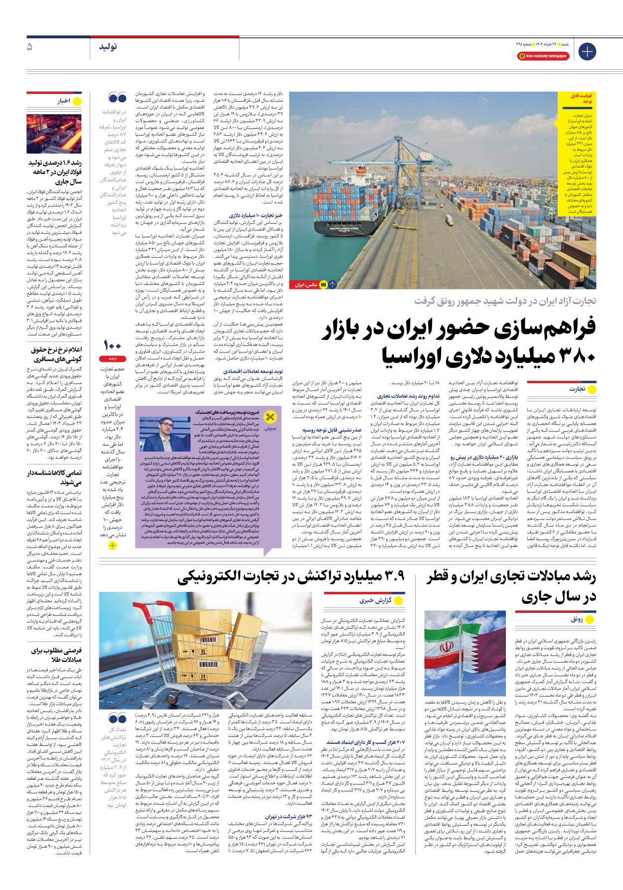 روزنامه ایران اقتصادی - شماره دویست و چهل و پنج - ۲۶ خرداد ۱۴۰۳ - صفحه ۵