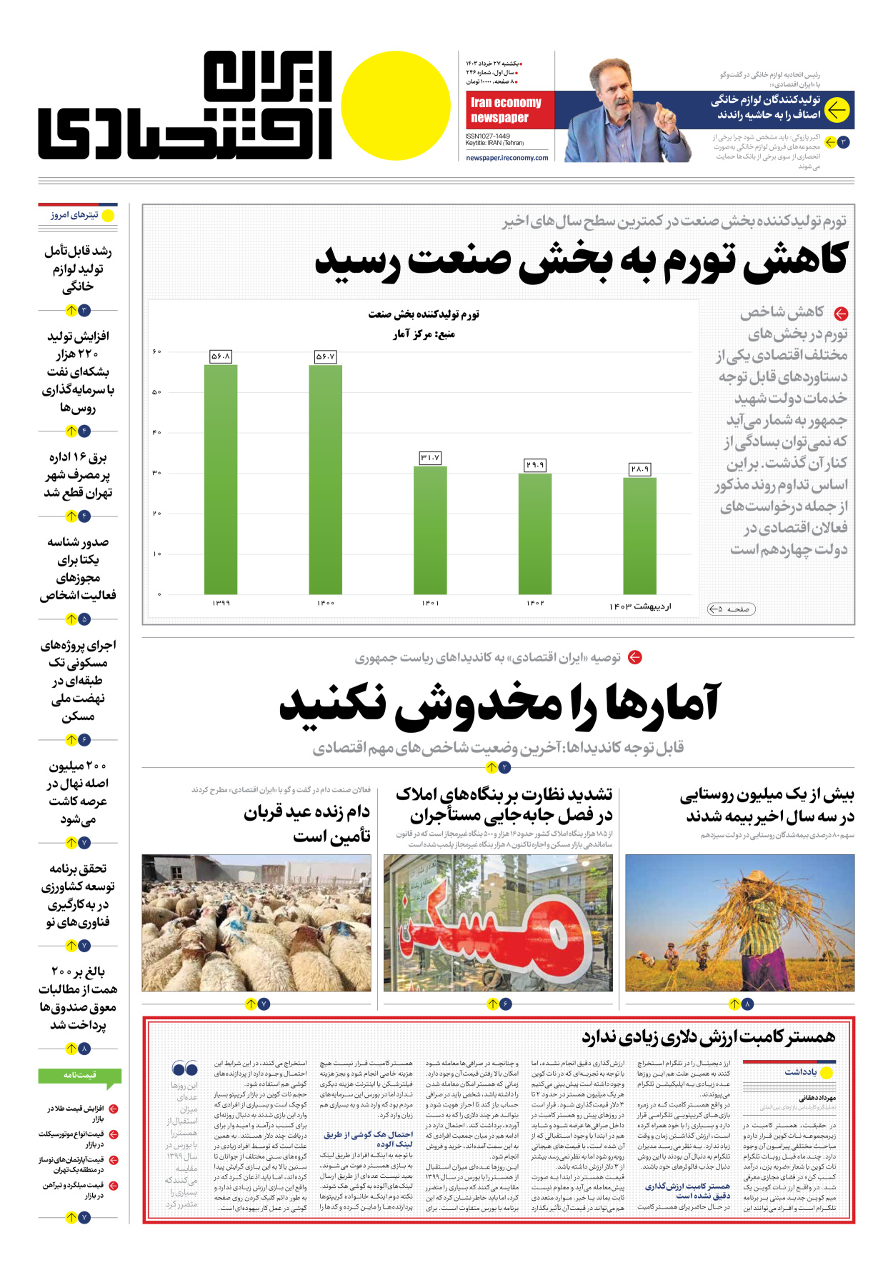 روزنامه ایران اقتصادی - شماره دویست و چهل و شش - ۲۷ خرداد ۱۴۰۳ - صفحه ۱