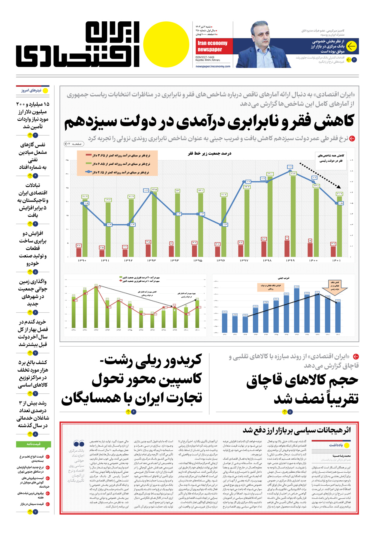 روزنامه ایران اقتصادی - شماره دویست و پنجاه - ۰۲ تیر ۱۴۰۳ - صفحه ۱