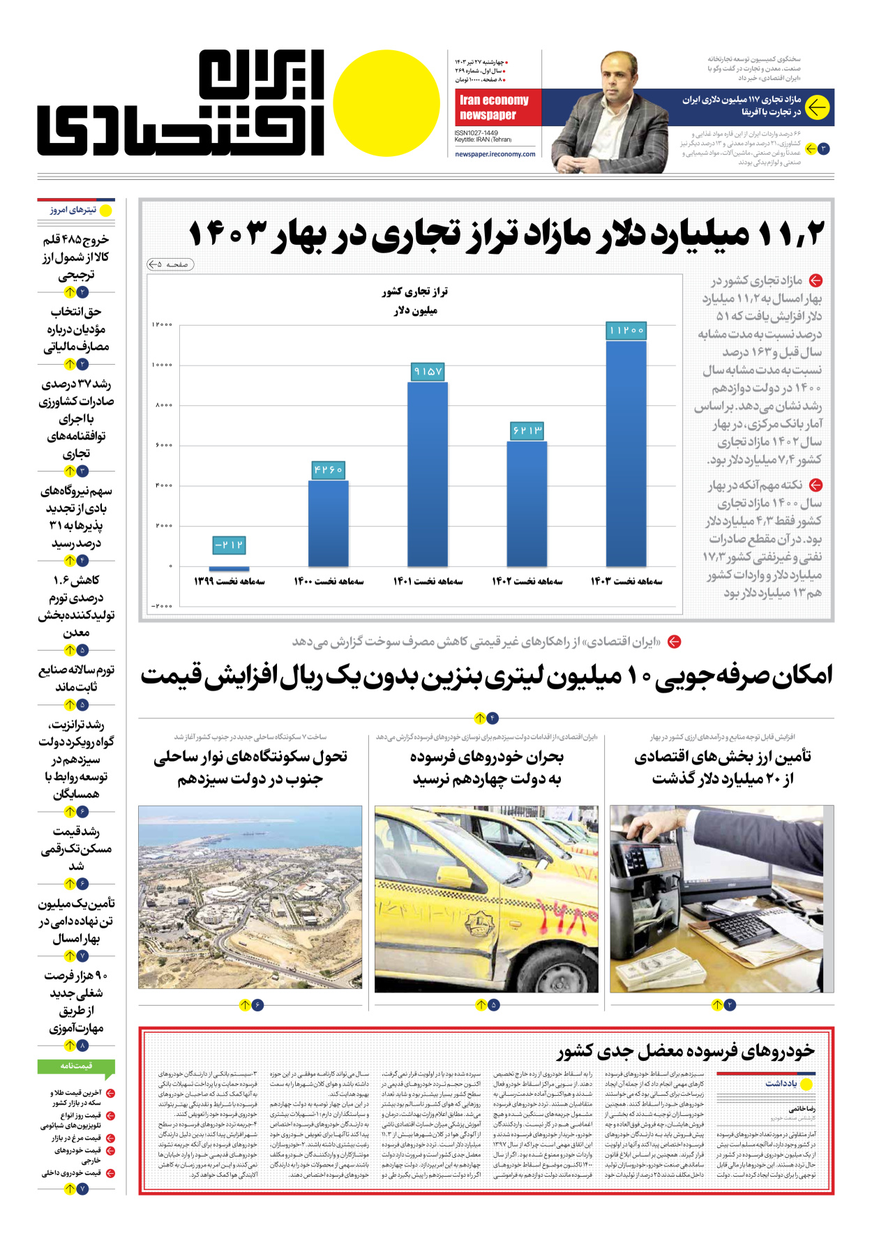 روزنامه ایران اقتصادی - شماره دویست و شصت و نه - ۲۷ تیر ۱۴۰۳ - صفحه ۱